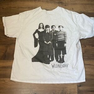 White Graphic Tee with Wednesday Family Print